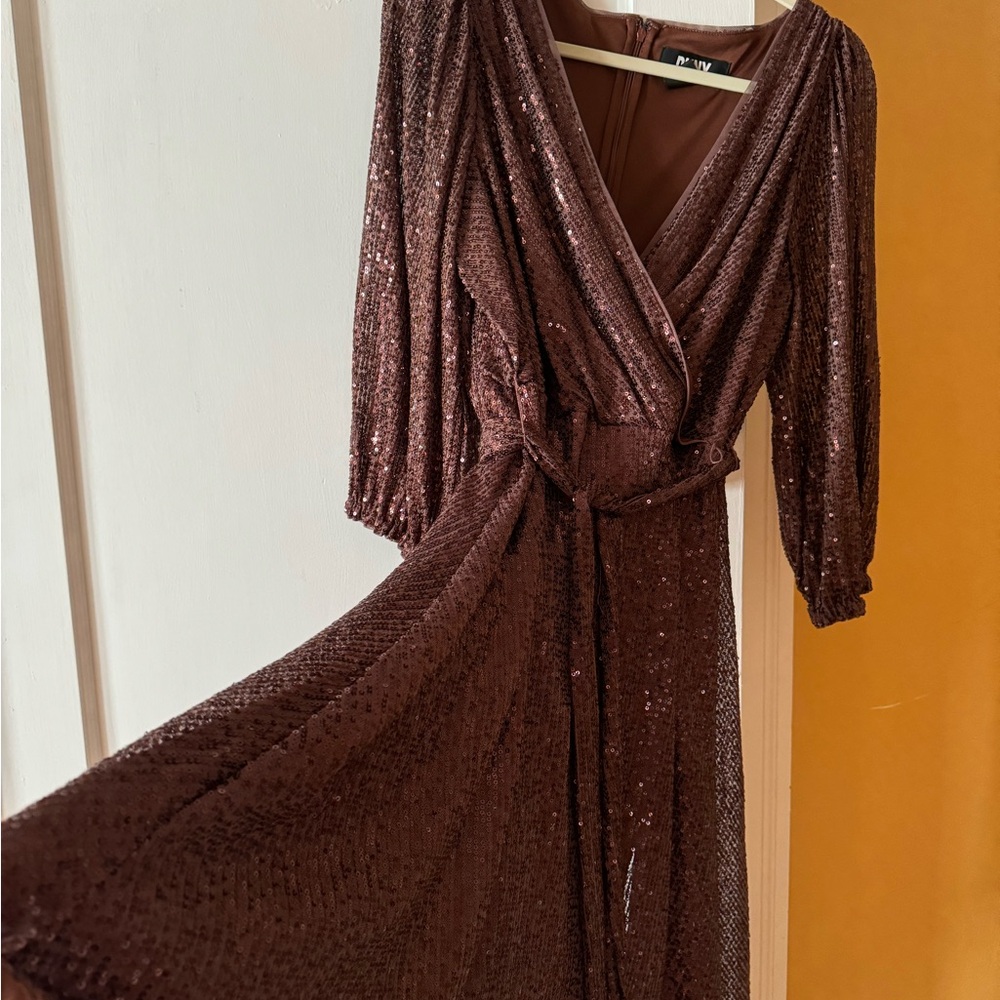 Donna Karen  brown sequins  long sleeve dress, A line. Worn once - gorgeous .
